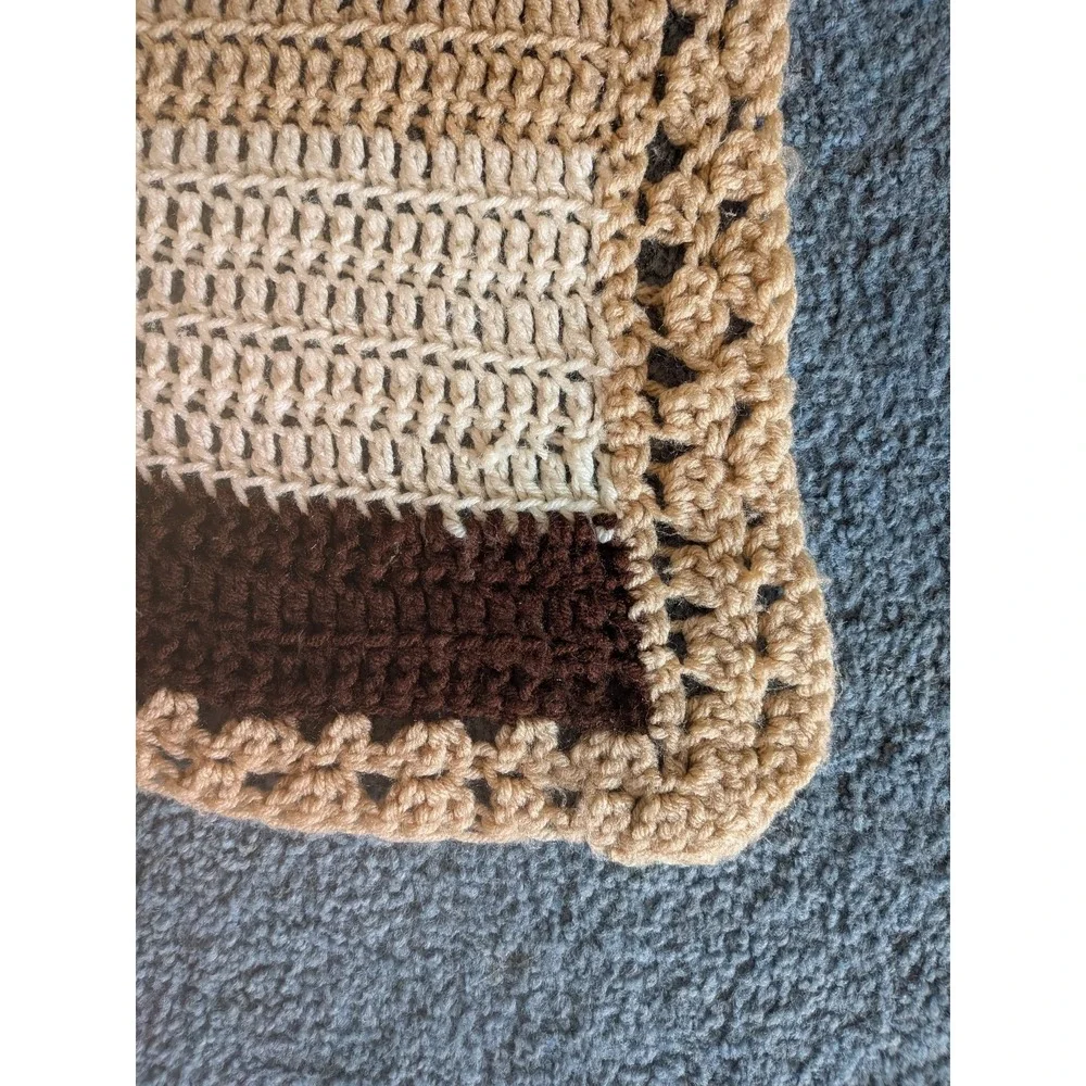 Vintage Handmade Crochet Afghan Throw Blanket 63x53 Tan Cream Brown Striped Farm